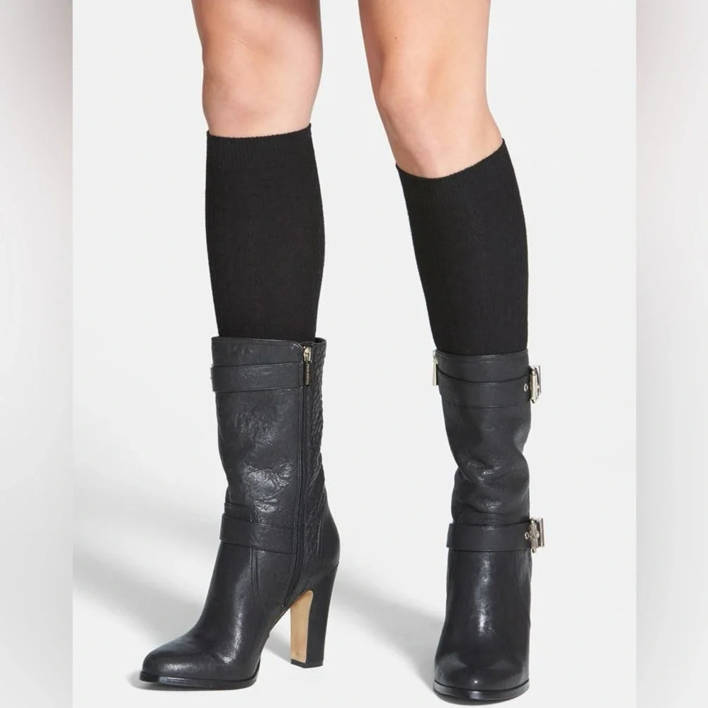 HUE CABLE KNIT RIB KNEE HIGH SOCKS BLACK OS NWT